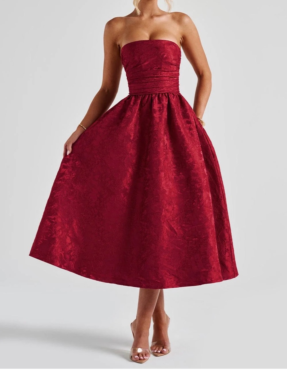 Strapless Wine-Red Midi Dress with Textured Overlay